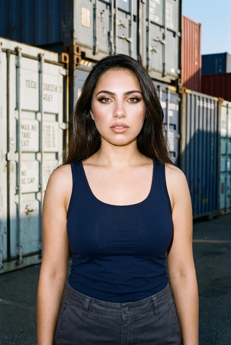Women's Navy Training Tank, Three-quarter length at Front, Flash Editorial lighting