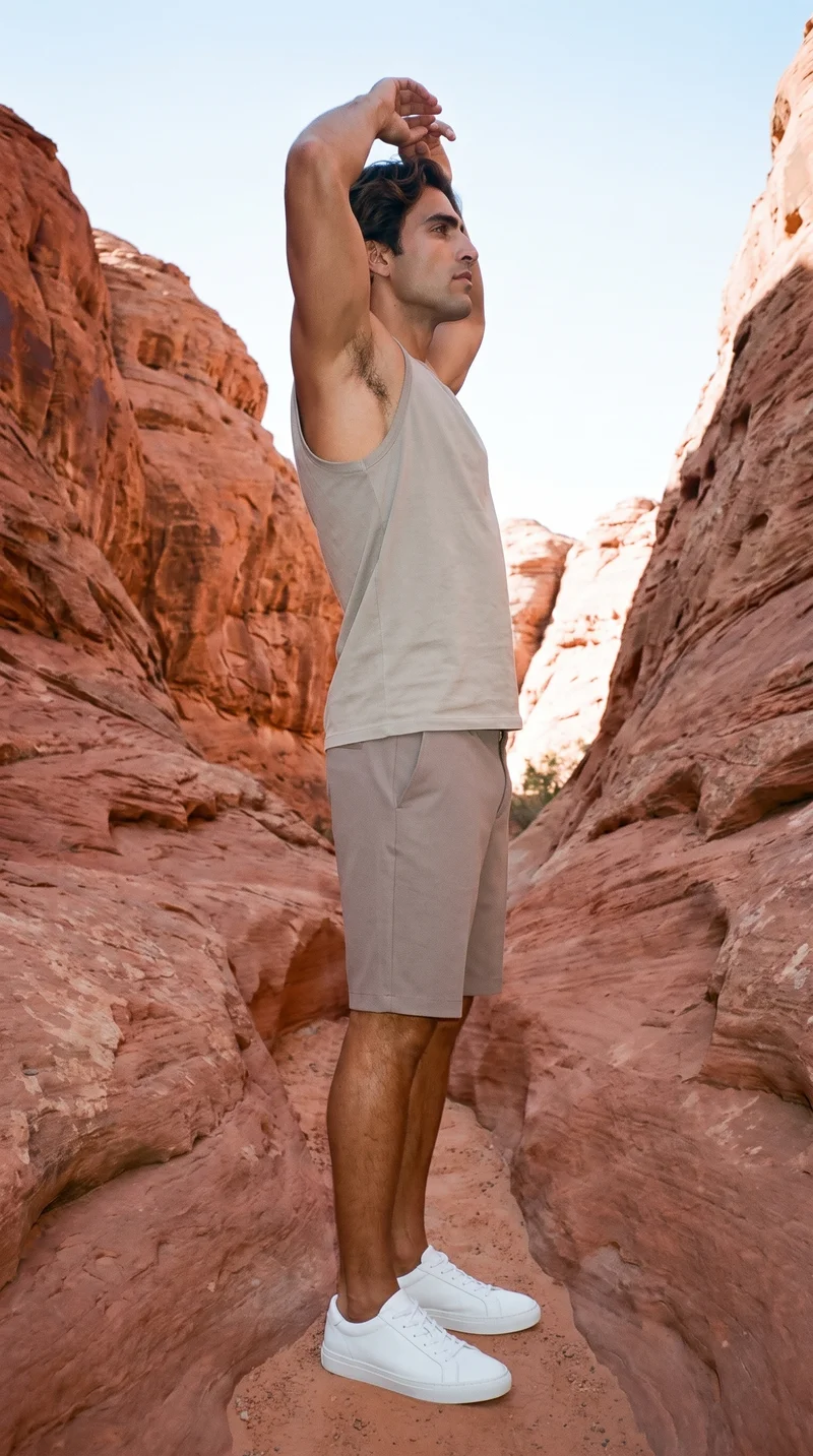 A 34-year-old Hispanic man is shown full body in side view wearing men's white leather sneakers, with his arms overhead and a natural facial expression. Red rock formations appear as the backdrop.