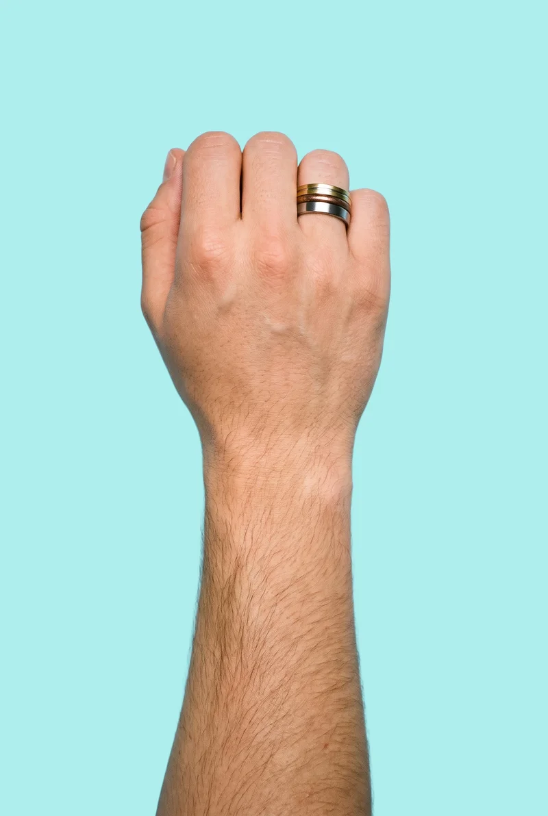 Men's Mixed-Metal Stacking Ring Set, Hand and wrist at Top, Studio Cutout lighting