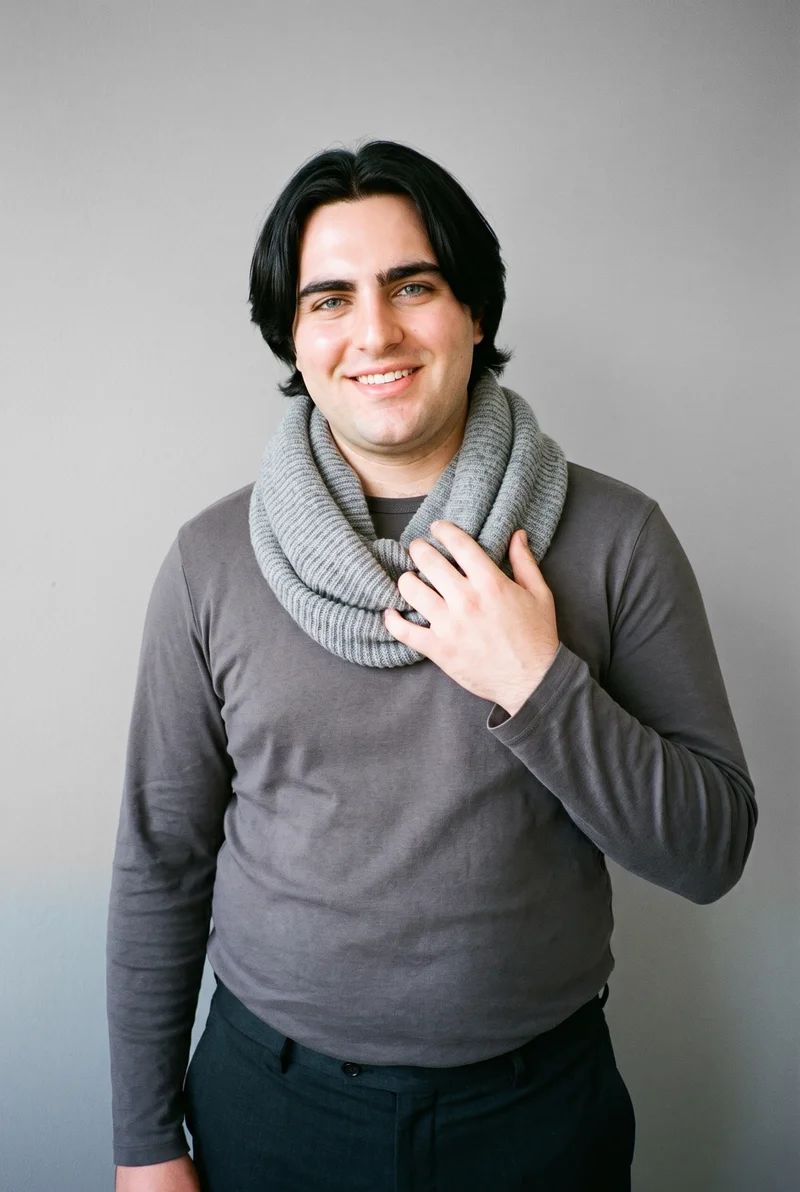 Men's Grey Knit Snood, Upper body at Three-quarter, Natural E-Commerce lighting