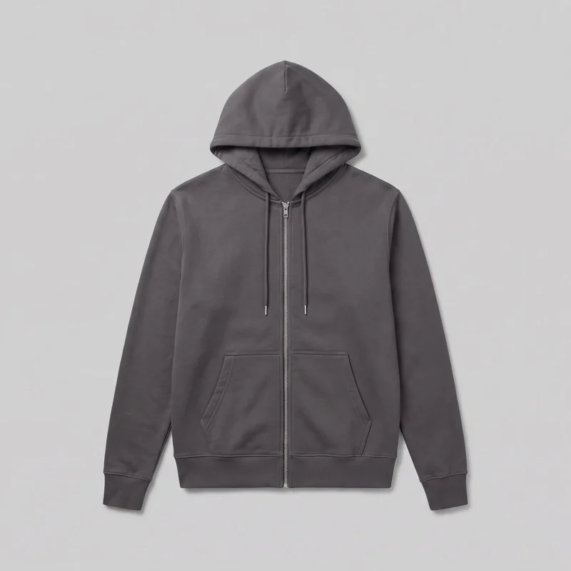 A men's charcoal cotton zip-up hoodie is shown laid flat in a mostly complete front view. It has a regular fit, a center-seamed hood with drawcords, a full-length front zipper, long sleeves with ribbed cuffs, two front pouch pockets divided by the zipper, and a straight ribbed hem.