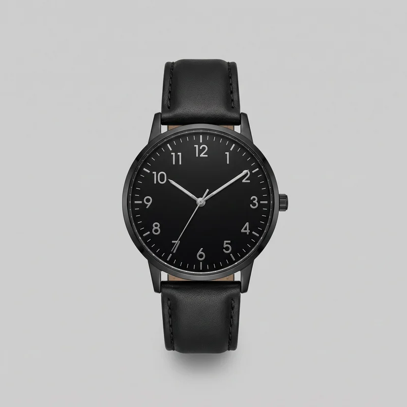 A standalone front view of a men's black leather dress watch with a round case, straight lugs, and a side crown at the 3 o'clock position. The watch has a black pebbled leather strap with stitched edges visible above and below the case, and a simple dial with Arabic numerals from 1 through 12, slim minute tick marks around the perimeter, and three central hands.