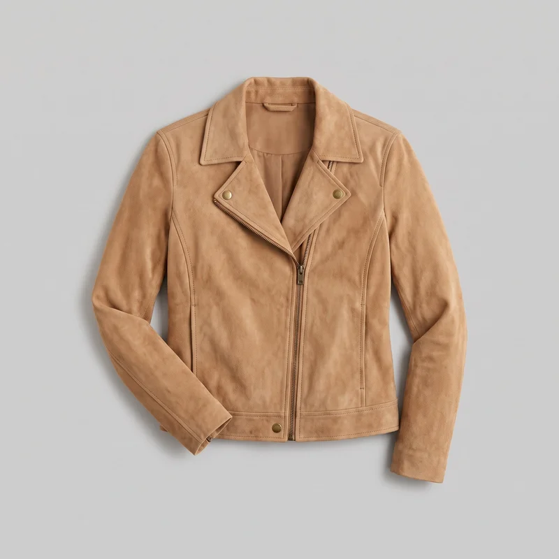 A tan suede women's moto-style jacket is laid flat in a mostly complete front view. It has a cropped, body-skimming silhouette, structured shoulders, long sleeves, a notched lapel collar, overlapping lapel panels with metal snap studs, an asymmetric front zipper, vertical panel seams, and a straight waistband hem.