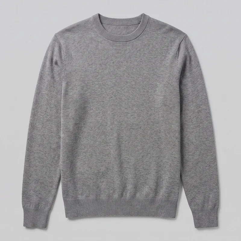 A mostly complete front view of a grey men’s crew-neck pullover sweater laid flat. The sweater has a fine-knit surface with subtle slub flecking, a round ribbed neckline, long sleeves with ribbed cuffs, a plain body, and a straight ribbed hem.