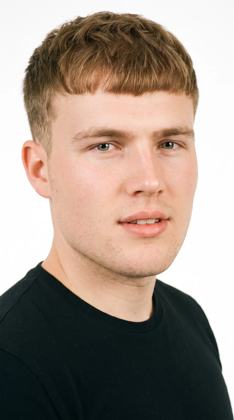 This 19-year-old Caucasian male has fair skin with a warm golden undertone. His triangle-shaped face has a wide jaw that narrows toward the forehead, emphasizing the lower face. He has thin eyebrows, blue eyes with a cool undertone, and medium lips. His light-brown hair is styled in a short French crop with short sides and a blunt fringe. He is clean-shaven, with smooth skin across the face.