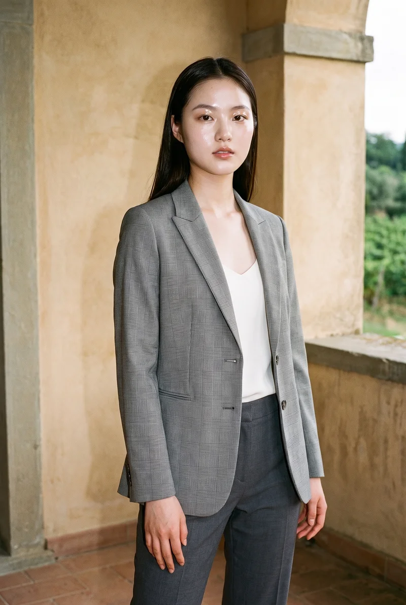 Women's Grey Checked Blazer, Three-quarter length at Front, Clean Catalog lighting