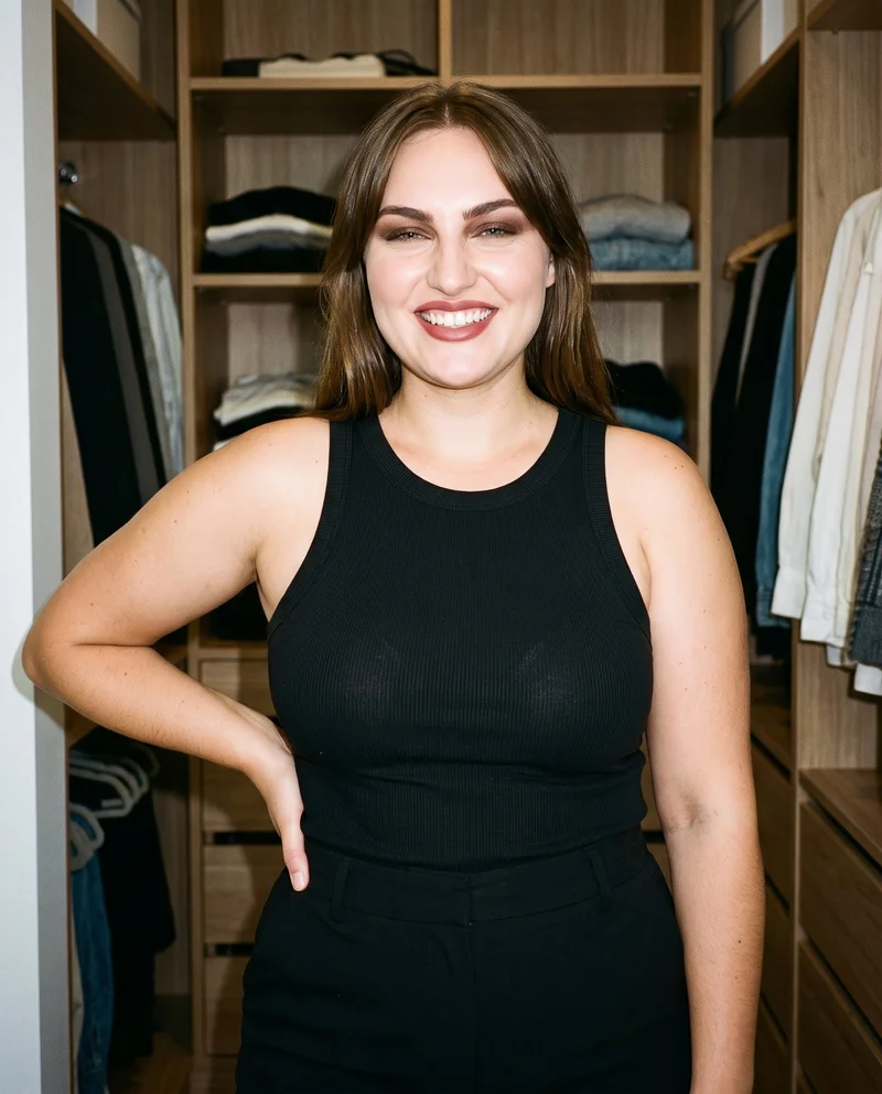 A 26-year-old Caucasian woman wears a black ribbed tank top in an upper-body front view. She stands with one hand on her hip and a grin, with a walk-in closet backdrop.