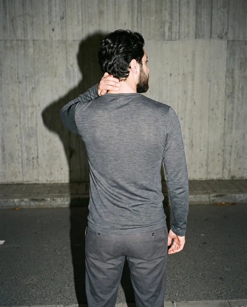 Men's Grey Merino Thermal Top, Upper body at Back, Flash Editorial lighting