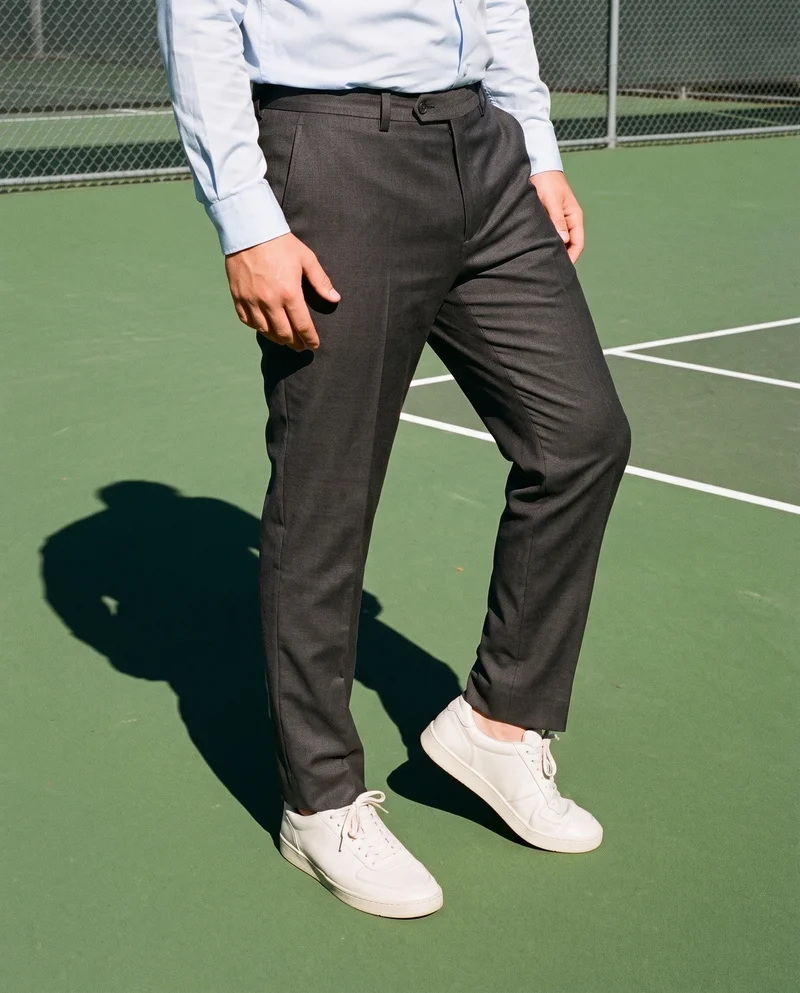 A man's lower body wearing charcoal tailored trousers, shown from a front three-quarter angle while standing on tiptoes. A tennis court forms the backdrop.