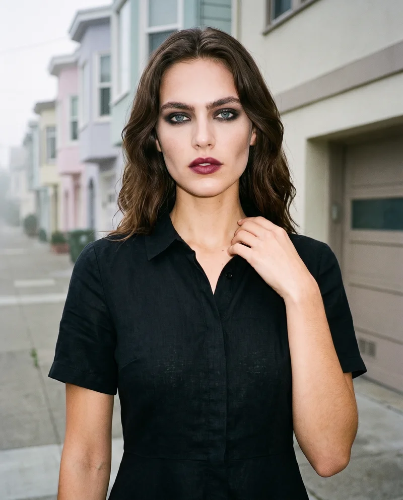 A 22-year-old Caucasian woman wears a black linen shirt dress in an upper-body front view, with one hand at her collarbone and a natural facial expression. The Sunset District Fog Houses backdrop is visible behind her.