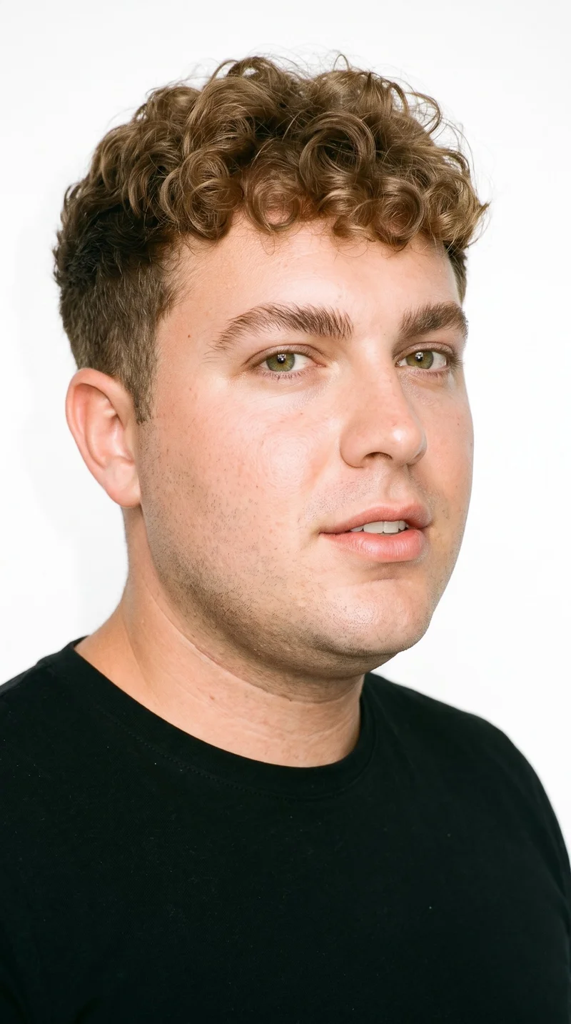 A 32-year-old Caucasian man with lightly tanned fair skin and a warm golden undertone. His face has smooth, even, softly refined features, medium-thickness eyebrows, hazel eyes with green-gold flecks, and medium lips. Defined light-brown curls are brought forward into a textured fringe, and his face is clean-shaven.