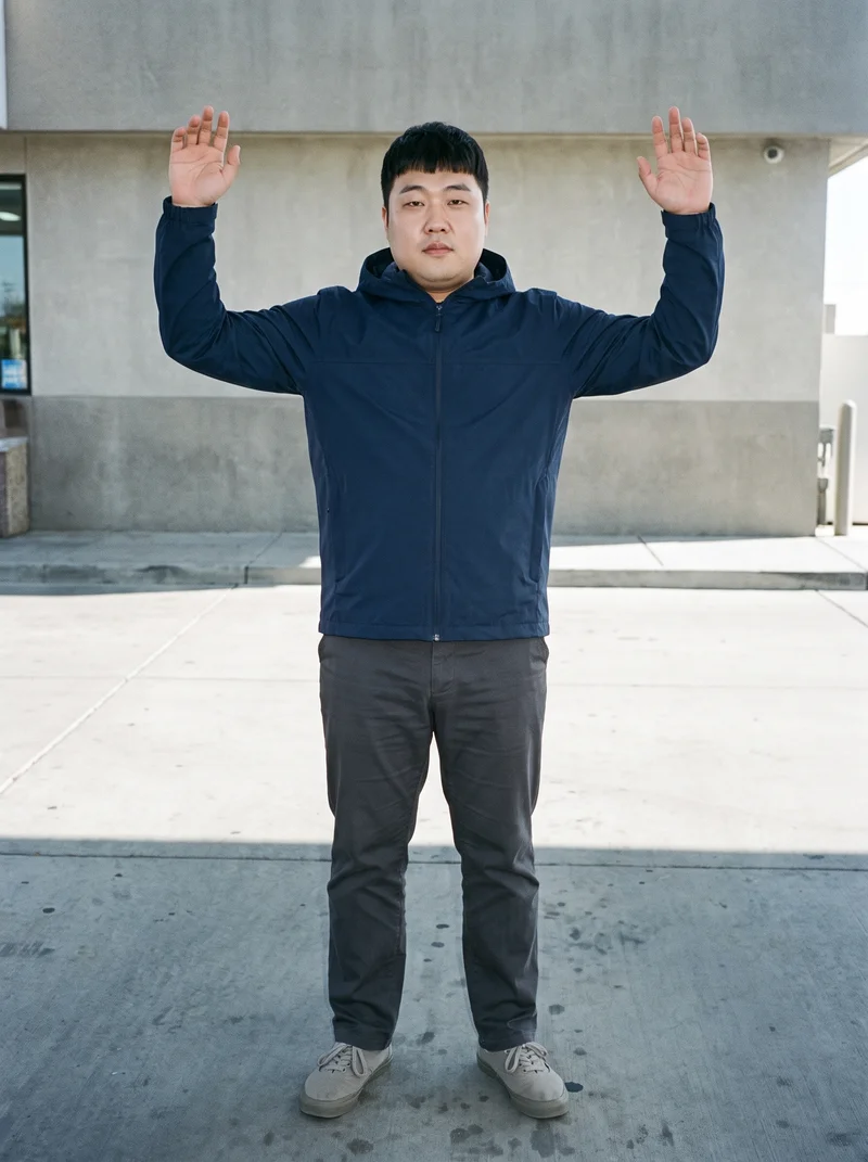 A 37-year-old Korean man wears a men's navy rain-shell jacket in a full-body front view with his arms raised overhead and a neutral expression. A gas station forms the backdrop.