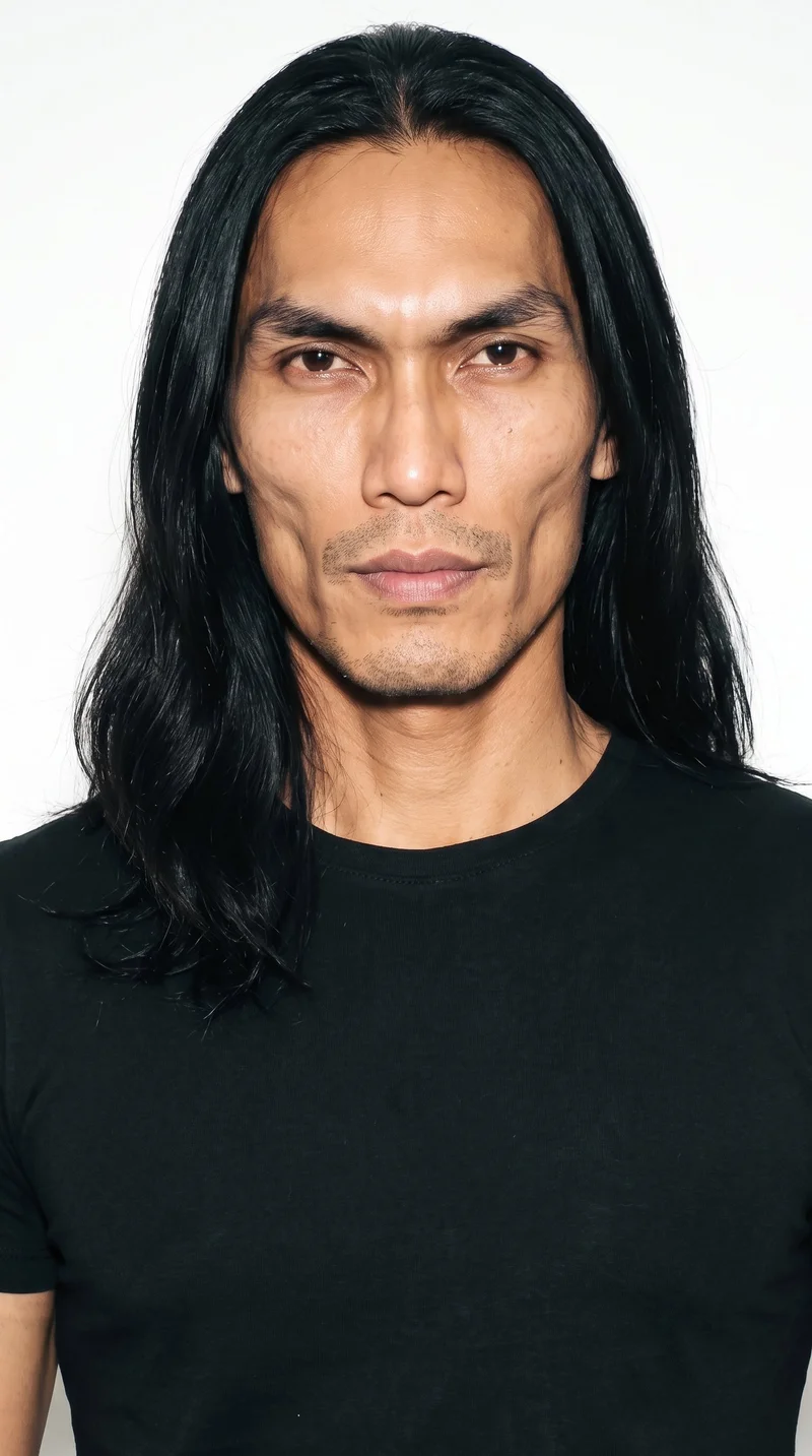 A 40-year-old Southeast Asian man with brown skin and a warm yellow undertone has a chiseled face with sharp, angular features, a defined jaw, and pronounced cheekbones. His thin eyebrows frame brown eyes, and his medium lips sit above fine, closely trimmed stubble lightly covering the beard area. He wears long, naturally voluminous black hair loose past the shoulders.
