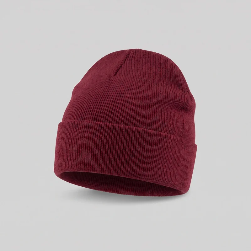 A mostly complete burgundy knit beanie is shown as a standalone product, with a rounded crown, vertical ribbed texture, and a wide folded cuff around the opening. A seam or joined panel area and short gathered stitch line are visible near the top, while the inner fold is slightly visible along the oval opening. No logos, prints, patches, embroidery, or embellishments are visible.