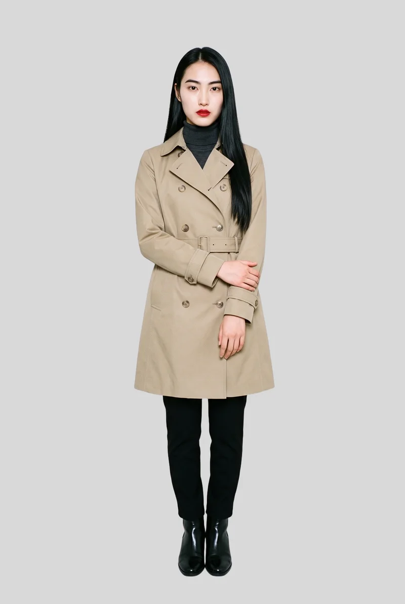 A 22-year-old Japanese woman wears a women's khaki belted trench coat in a full-body front view. Her arms rest low and her expression is neutral, with a flat pearl grey backdrop.