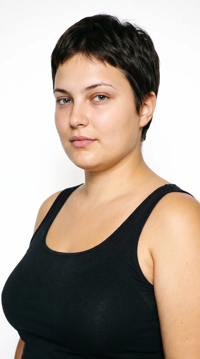 This 20-year-old Caucasian woman has medium olive skin with a peach undertone. Her face has an inverted-triangle shape, with a wider forehead narrowing toward the chin. She has medium-thickness eyebrows, blue eyes with a cool undertone, and thin lips. Her dark-brown hair is styled in a very short pixie cut, close at the sides with more length on top.