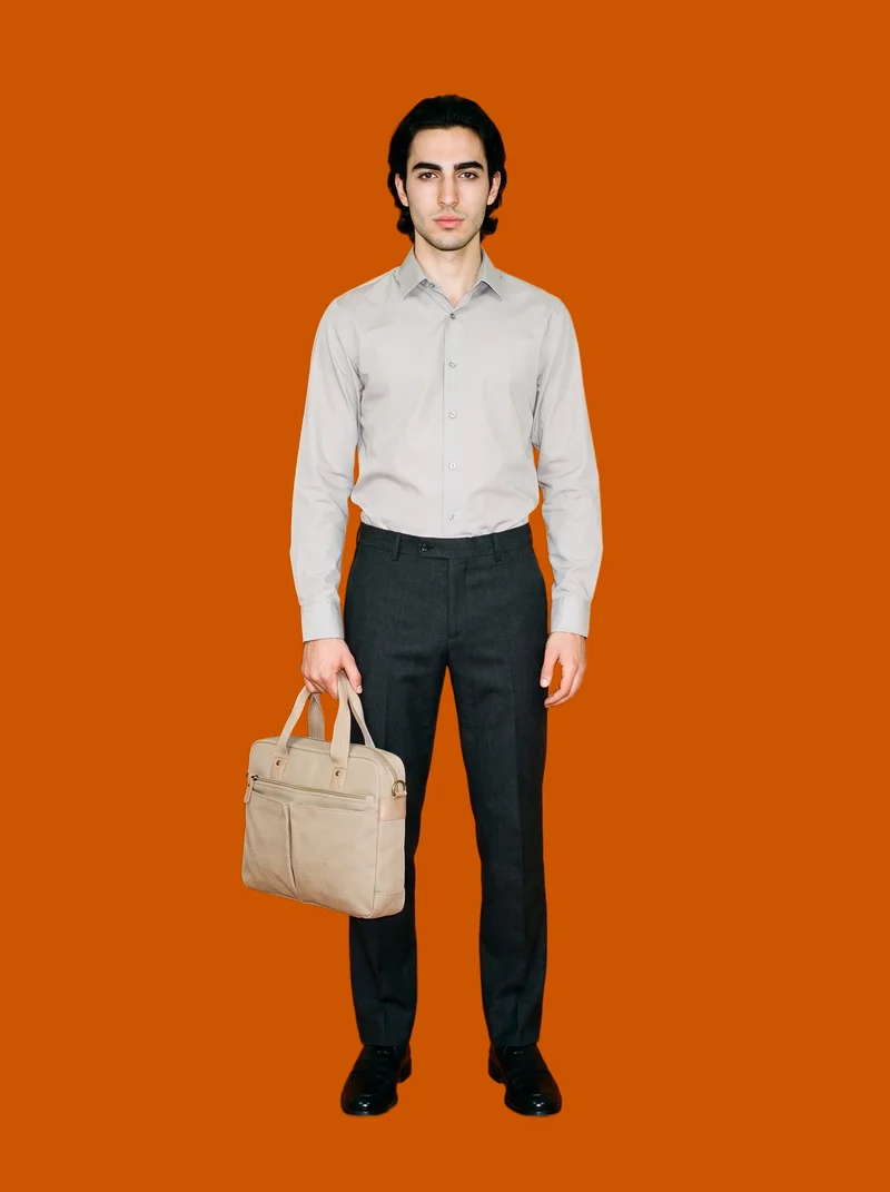 Men's Beige Canvas Crossbody Bag, Environmental at Front, Studio Cutout lighting