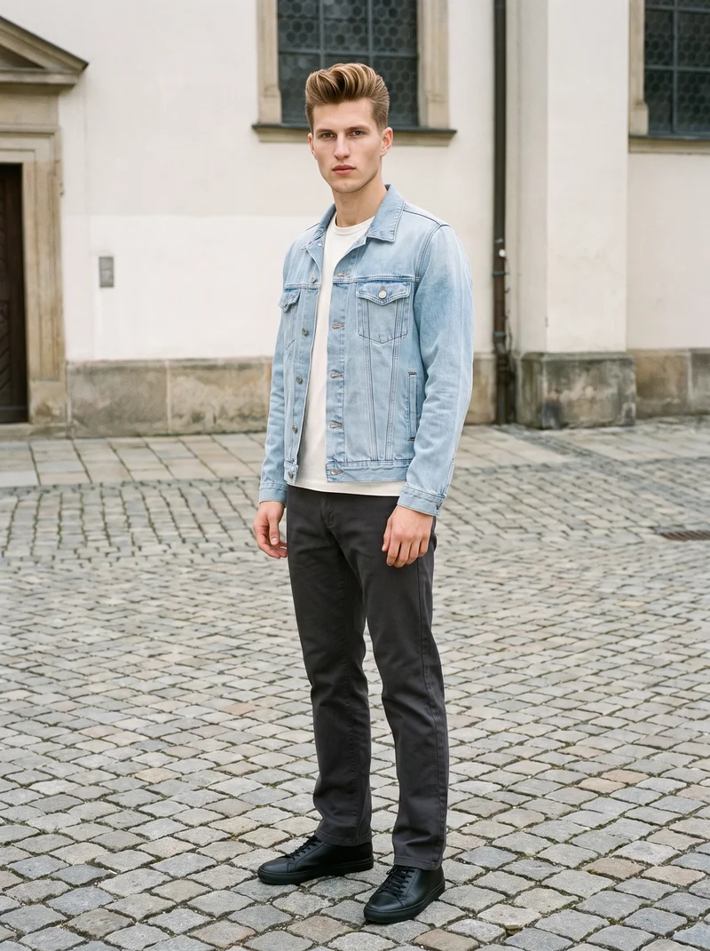 A 21-year-old Caucasian man wears a men's light wash denim jacket in a full-body view from the front three-quarter angle. He stands in a relaxed pose with a neutral expression against a town square backdrop.