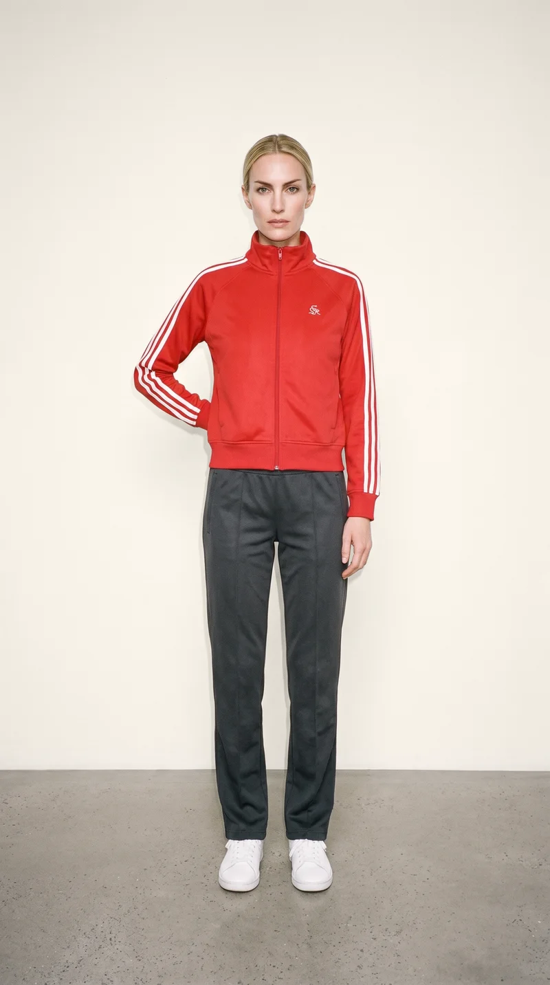 A 33-year-old Caucasian woman wears a women's red striped track jacket in a full-body front view, standing with one hand on her lower back and a natural facial expression. A creamy white studio-wall backdrop frames the composition.