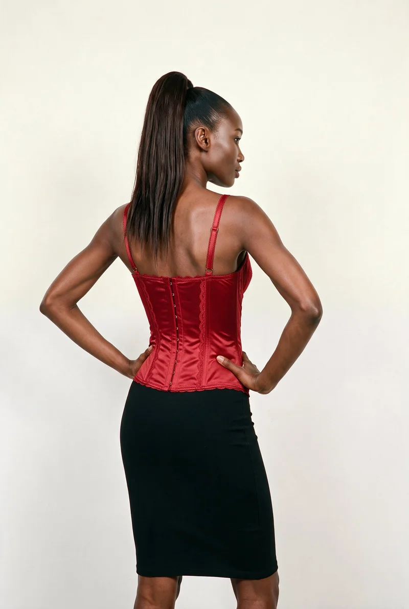 Red Satin Basque, Three-quarter length at Angled rear, Clean Catalog lighting