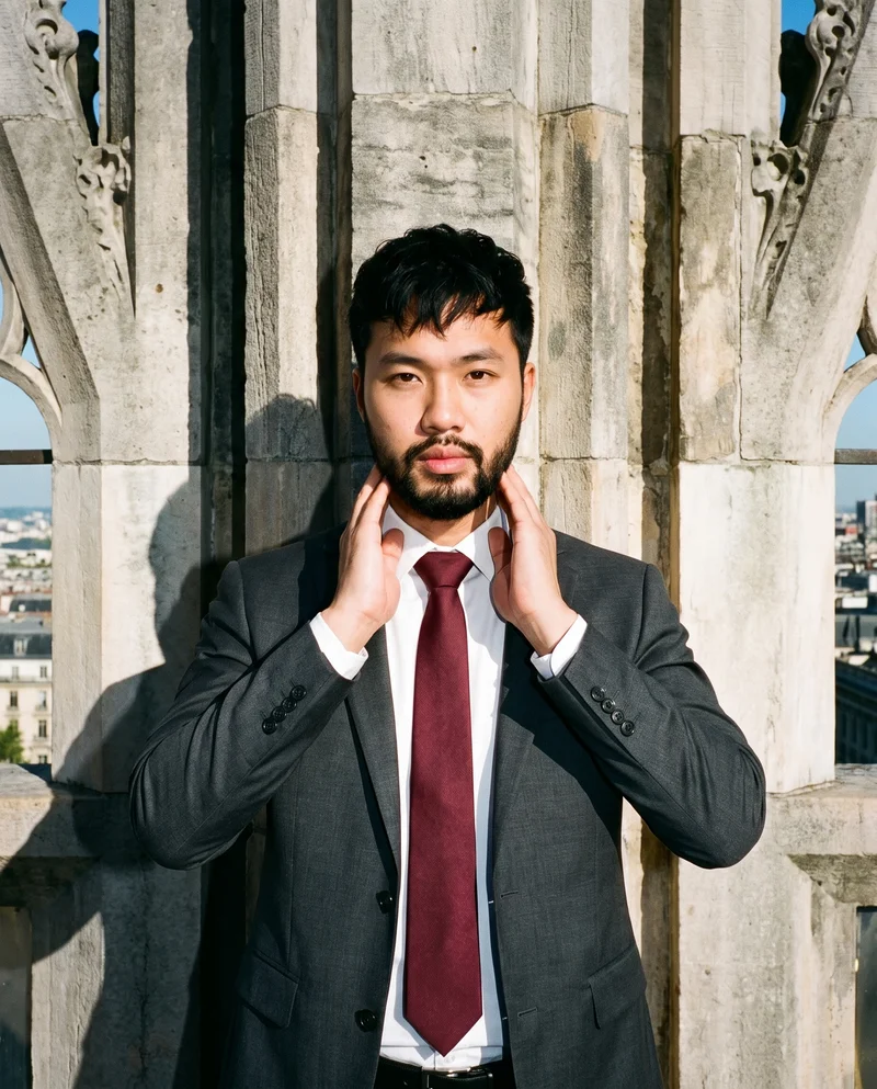 Burgundy Tie, Upper body at Front, Flash Editorial lighting