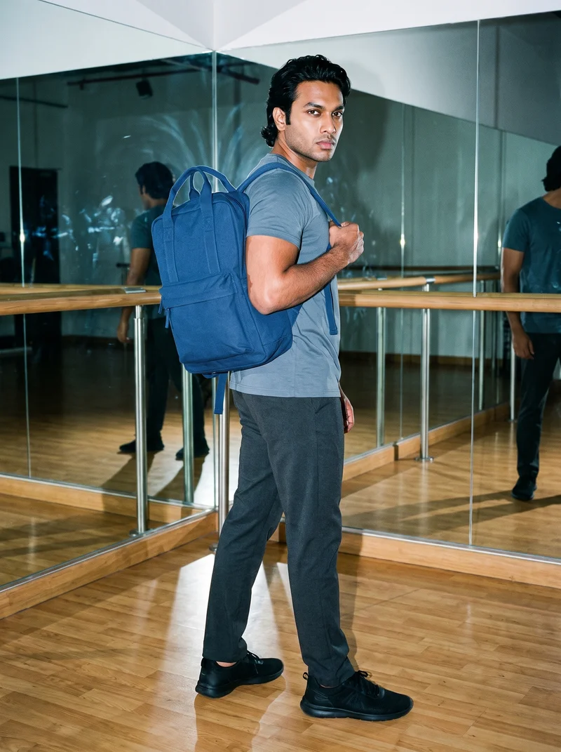 A 33-year-old Indian man is shown full body from a front three-quarter angle with an intense expression, wearing a navy canvas backpack over one shoulder. A dance studio serves as the backdrop.