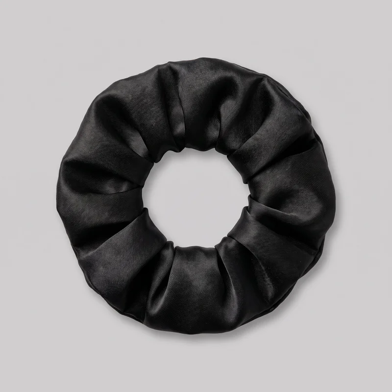 A complete black satin scrunchie lies flat, showing its continuous circular elastic ring, central opening, and voluminous gathered fabric sleeve. The smooth, lustrous woven surface forms soft ruched folds around the circumference, with no visible closure, hardware, logo, print, patch, embroidery, or embellishment.