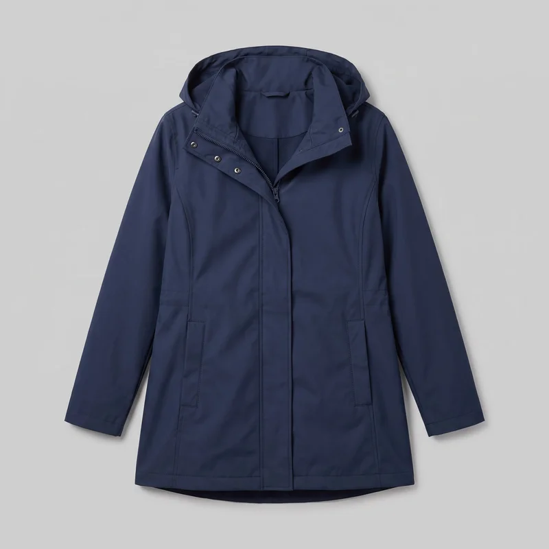 Women's navy waterproof raincoat shown mostly complete from the front, laid flat against a backdrop. The hood, high protective neckline, long sleeves, off-center upper zipper, full-length covered placket, and snap fasteners near the neckline are visible. Vertical princess-style seams, low rectangular welt-style hand pockets, stitched cuffs, and a hip-length straight hem with a slightly dipped back edge complete the design.