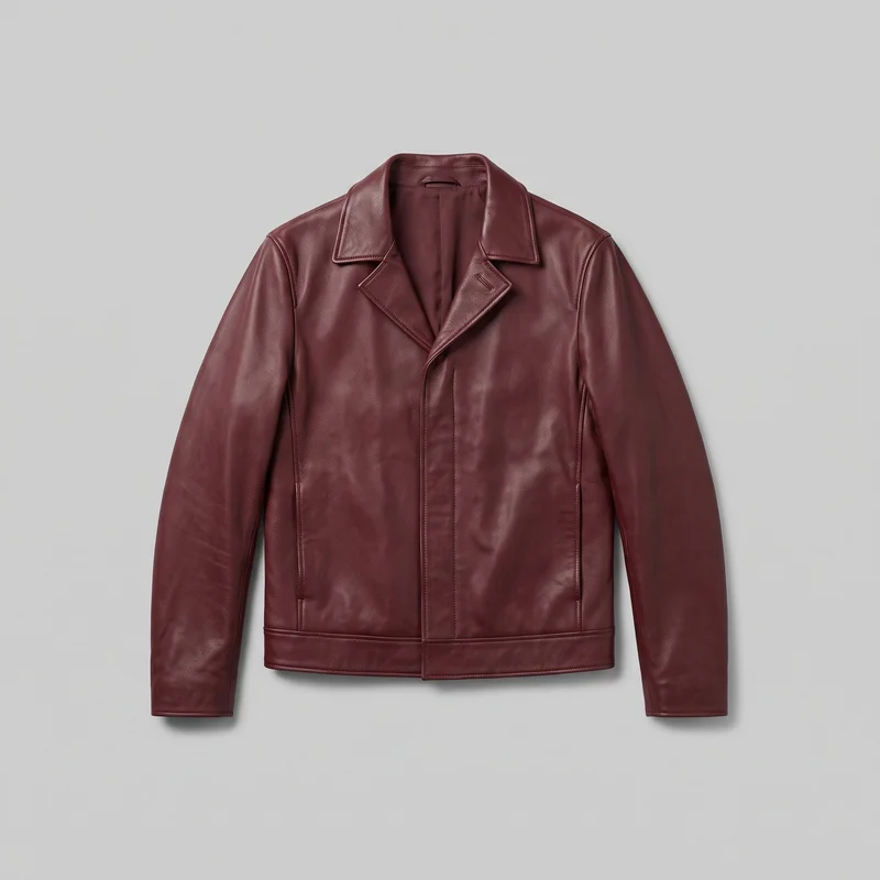 A men's burgundy leather jacket is shown in a mostly complete front view as a standalone product image. It has a pointed spread collar with a notched lapel-style opening, long sleeves with plain straight cuffs, structured shoulders, a center-front placket, vertical front panel seams, and a straight banded hem. Topstitched edges are visible around the collar, lapels, placket, cuffs, and hem.