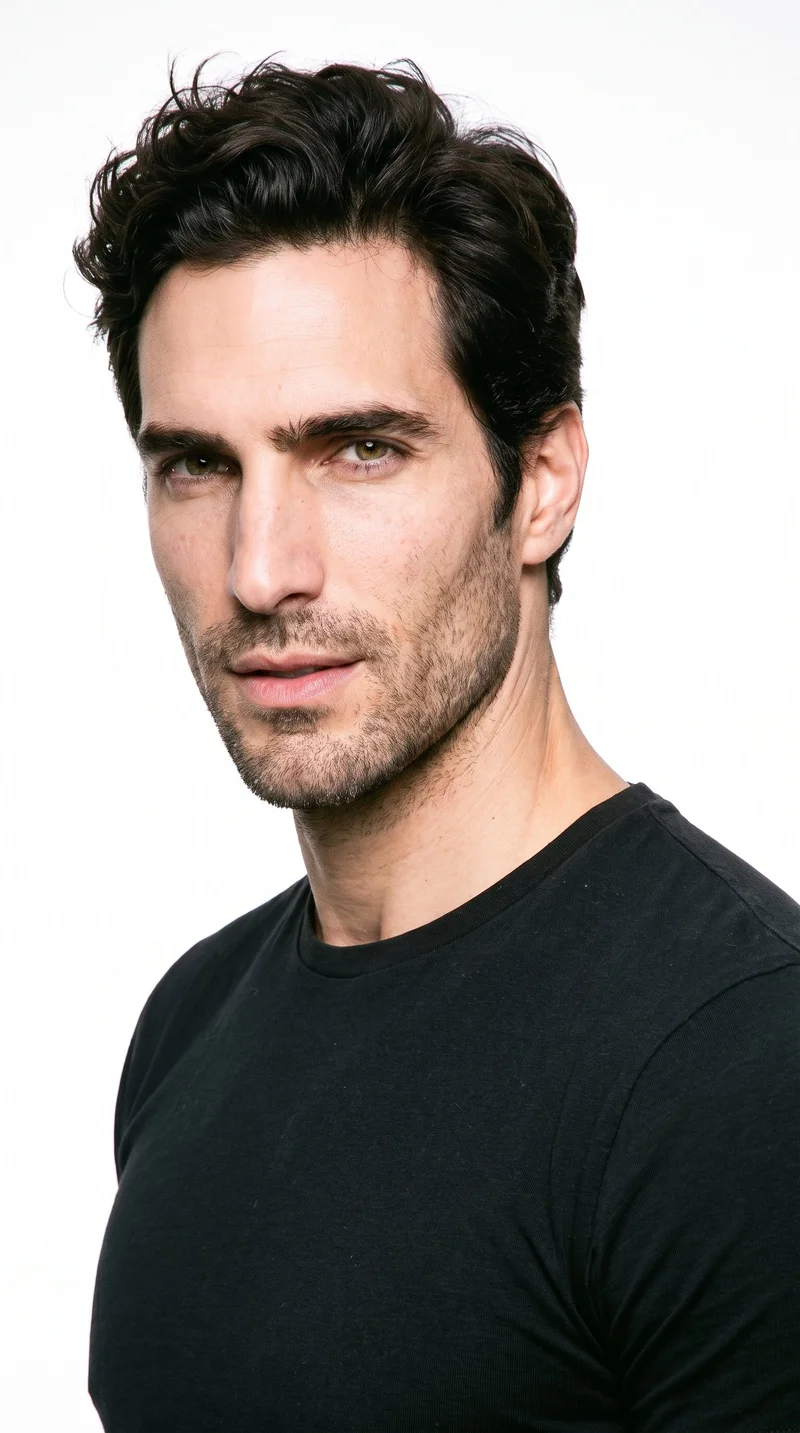 A 38-year-old Hispanic man with a medium, evenly warm olive-toned complexion and a Roman face shape marked by a prominent nose line and defined jaw. He has medium-thickness eyebrows, amber eyes, and medium lips. His dark-brown hair is tousled, with loosely styled, deliberately undone texture and natural movement. Dense heavy stubble forms a dark, defined layer across the beard area.