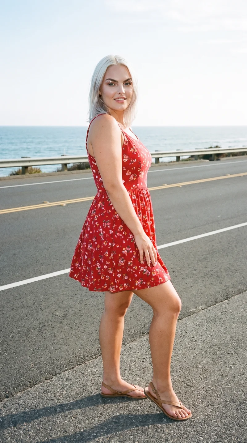 Red Floral Sundress, Full body at Three-quarter, Natural E-Commerce lighting
