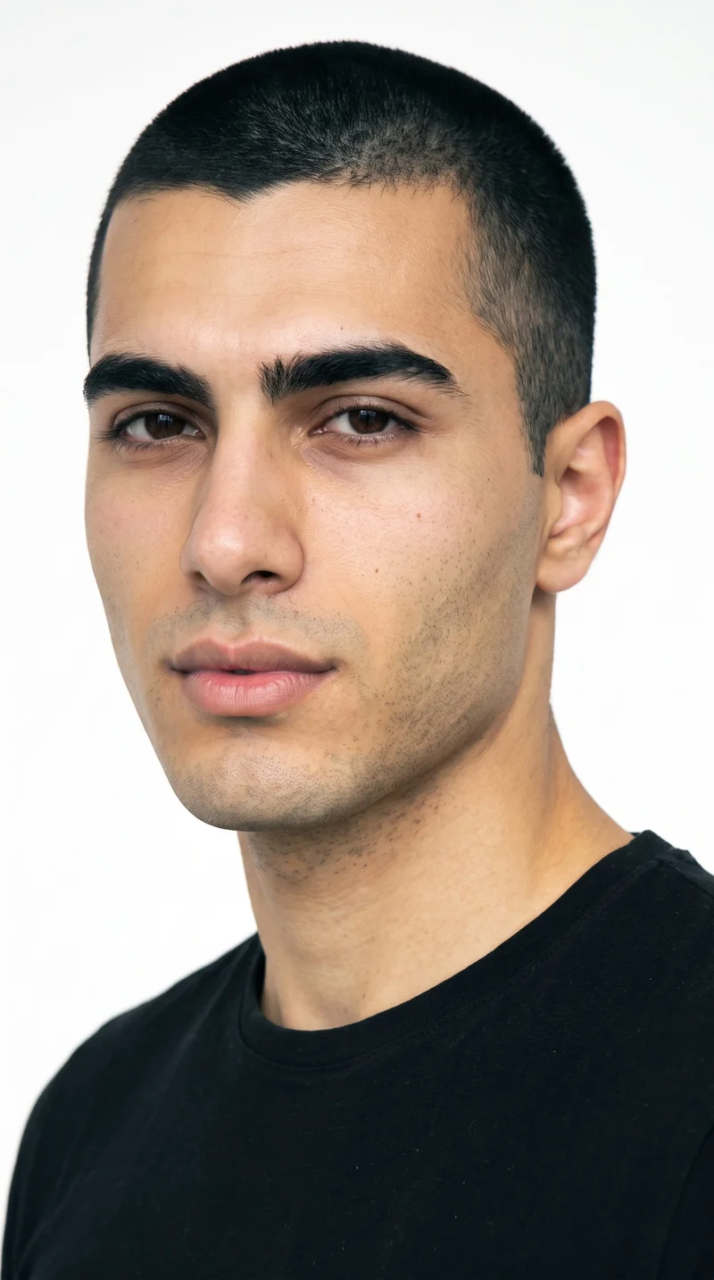 A 21-year-old Turkish man with a medium olive skin tone and greenish-golden undertone. His oval face has balanced proportions and a softly rounded jaw, with thick eyebrows, green eyes, and full lips. His black hair is clipped very short and even in a buzz cut, and he is clean-shaven with smooth skin across his face.