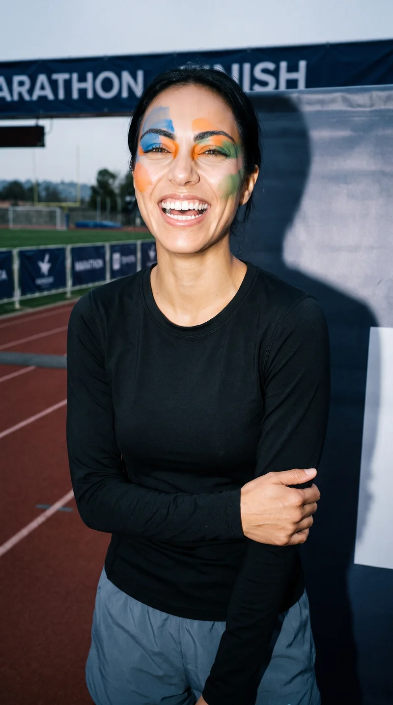A 25-year-old Hispanic woman is shown from the front in an upper-body view, wearing a black compression base layer. She is holding her elbow and laughing, with a marathon finish-line backdrop behind her.