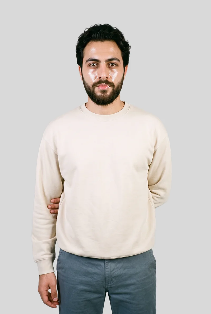 Men's Cream Oversized Crewneck Sweatshirt, Three-quarter length at Front, Studio Cutout lighting