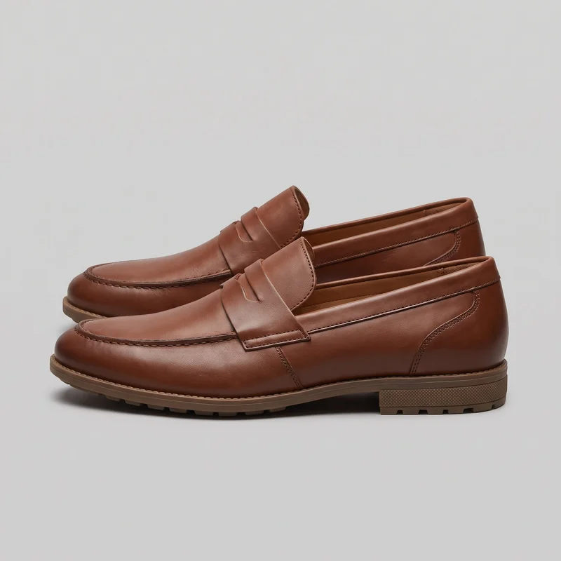 A pair of brown slip-on penny loafers is shown in a low side view, with the front shoe overlapping the rear shoe. The shoes have rounded moc toes with apron-style perimeter stitching, raised penny straps across the vamps, padded-looking collar edges, low stacked-looking heels, and defined welt-like sole edges with visible lug tread.