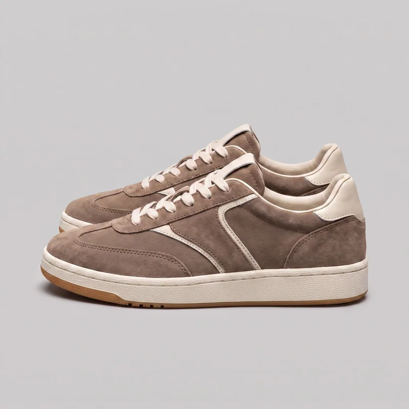 A pair of women's retro suede low-top lace-up sneakers is shown in a standalone side-oriented view, with one shoe positioned in front of the other. The rounded toes, flat laces, exposed tongues, padded low collars, layered stitched side panels, curved heel overlays, heel tabs, flat cupsoles, and separate outsole edges are clearly visible.