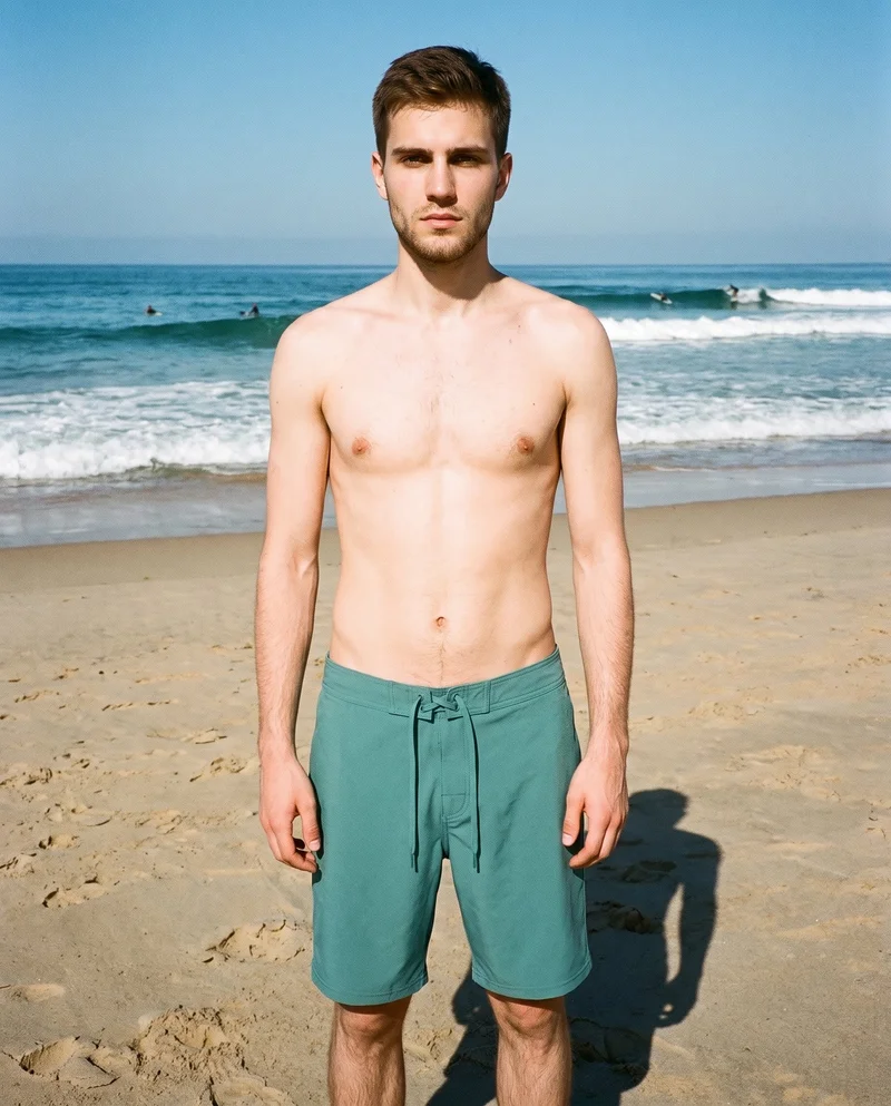 An 18-year-old Slavic male model stands straight in a front-facing, three-quarter-length view wearing teal board shorts. His expression is neutral, with a surfing beach backdrop.