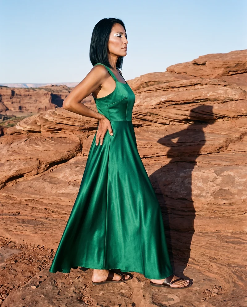 Emerald Green Satin Maxi Dress, Full body at Side, Flash Editorial lighting