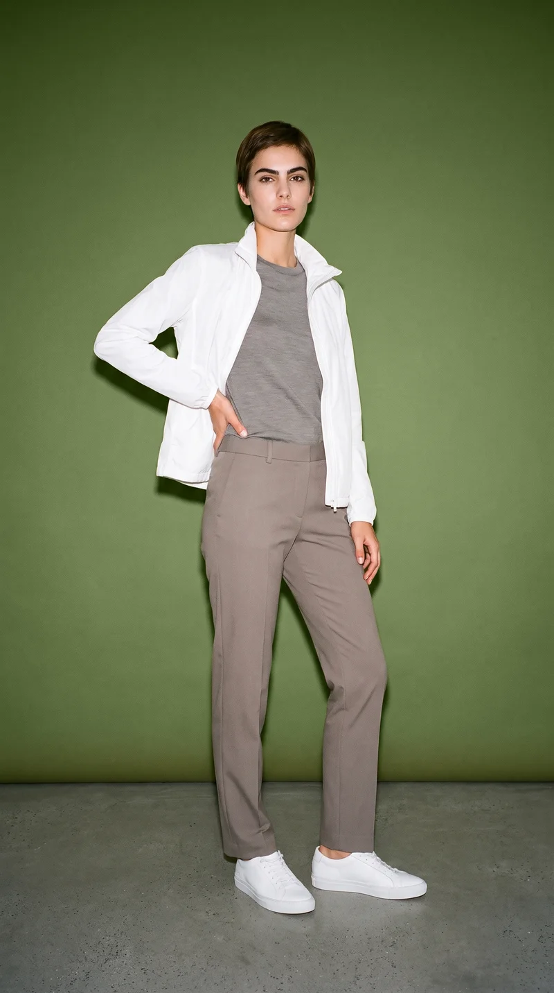 A 25-year-old Caucasian woman wears a white windbreaker in a full-body front three-quarter view, with one hand on her lower back and a neutral facial expression. An olive grove backdrop is visible behind her.