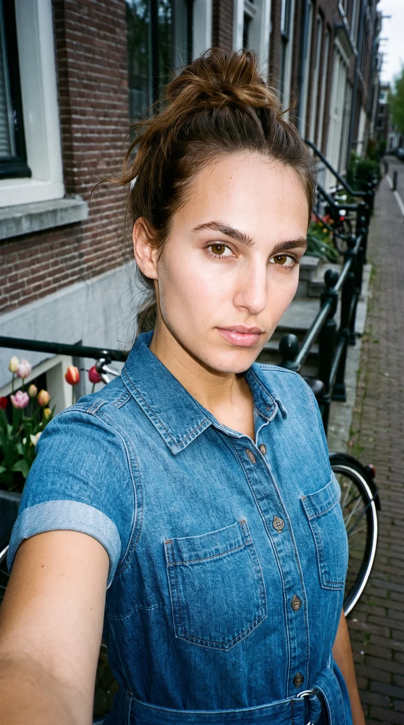 A 24-year-old Caucasian woman wears a denim shirt dress in a front-view selfie with her head tilted and a neutral expression. An Amsterdam canal house appears as the backdrop.