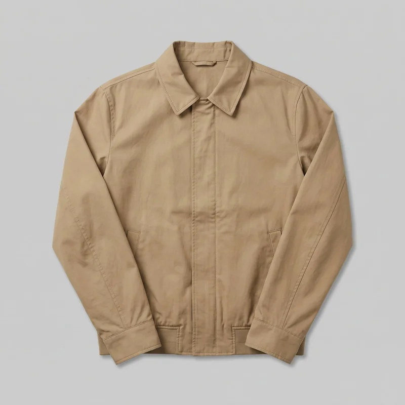 Men's khaki bomber jacket shown as a standalone front view. It has a pointed fold-down collar, long sleeves with broad cuffs, a concealed center placket with parallel topstitching, angled welt-style pockets near the lower front, and a ribbed hem section at the sides.