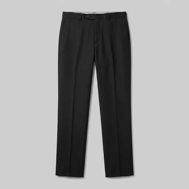 Men’s black tailored trousers shown in a complete front view, laid flat or product-hung. The trousers have a regular straight-leg silhouette, full-length legs, a flat front, straight hems, belt loops, a single-button front tab closure, a central fly placket, two slanted side pockets, vertical side seams, and pressed center creases.