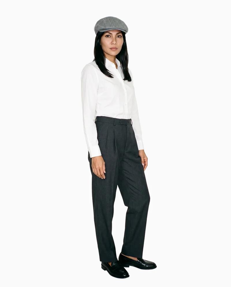 Women's Grey Wool Flat Cap, Full body at Three-quarter, Studio Cutout lighting