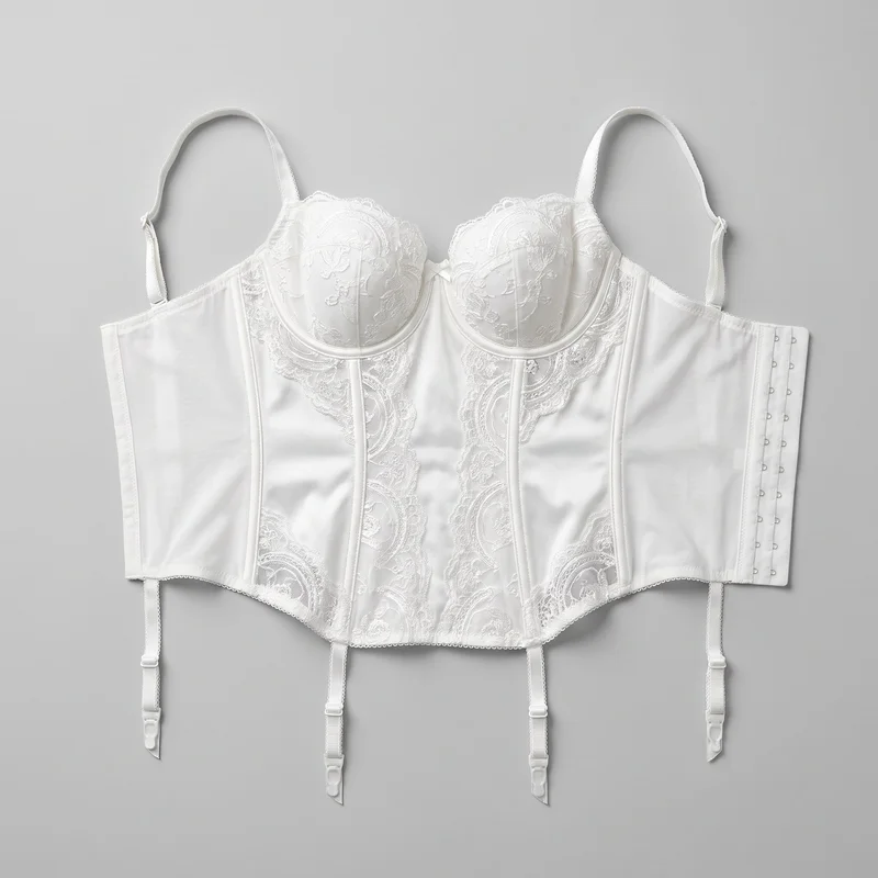 A white bridal basque lies flat in a mostly complete product view. The longline bustier has a structured, body-hugging corset silhouette with balconette underwire cups, a low sweetheart neckline, narrow adjustable shoulder straps, paneled construction, vertical boning channels, smooth side panels, and a curved lower hem. Floral lace panels and scalloped lace edging decorate the cups, torso, and hem, while multiple adjustable garter straps with clips hang from the lower edge. A hook-and-eye closure is visible along one side.