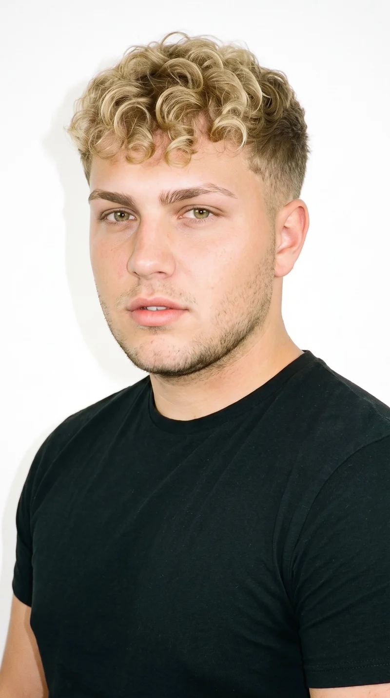 An 18-year-old Caucasian male with a medium, warm-golden skin tone and a diamond-shaped face, defined by a narrow forehead and jaw with the greatest width at the cheekbones. He has thin eyebrows, amber eyes with a golden glow, and full lips. His mid-tone blonde hair forms defined curls brought forward into a textured fringe, and very short facial-hair growth creates a faint, even shadow across the beard area.