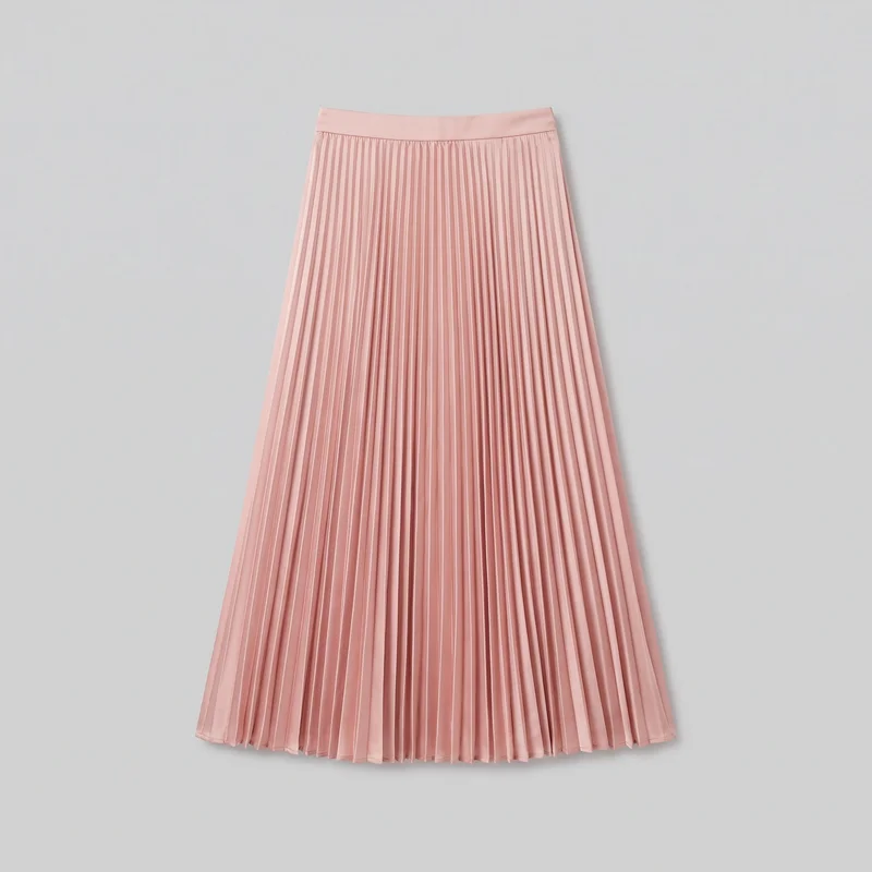 A blush pink satin pleated midi skirt is shown as a standalone product against a plain backdrop. The full smooth wide waistband, flared A-line body, dense vertical accordion pleats, and straight lower hem are visible.