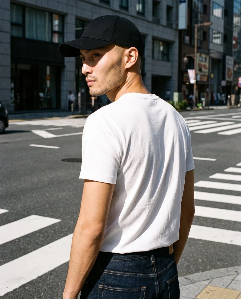A 28-year-old Japanese man is shown from an angled rear view wearing a men's black baseball cap. The upper-body composition shows his arms relaxed, with a crosswalk intersection as the backdrop.
