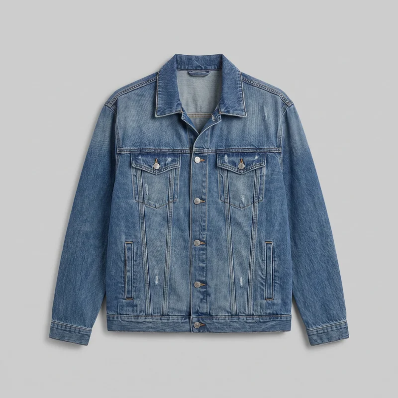 A men's mid-wash oversized denim trucker-style jacket is shown laid flat in a mostly complete front view. It has a pointed spread collar, metal shank buttons, two pointed-flap chest pockets, two lower vertical welt hand pockets, long sleeves with cuff bands, structured yoke seams, and a straight waistband hem. Light worn-in abrasion marks and contrast topstitching are visible across the jacket.