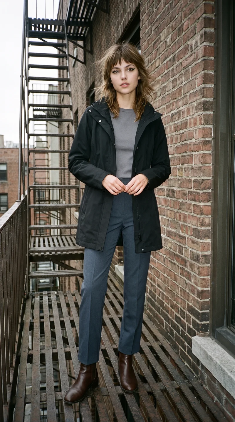 A 23-year-old Caucasian woman wears a black hooded raincoat in a full-body front three-quarter view, with her hands positioned in front and a neutral expression. A fire escape forms the backdrop.
