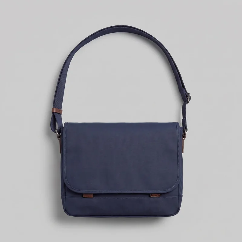 Navy structured messenger-style shoulder bag shown in a standalone front view. It has a rectangular body with a squared base, a broad flap with rounded lower corners, stitched and piped edging, visible side ring hardware, and two small lower front tabs. The wide adjustable strap arches above the bag and includes a slide adjuster and keeper loop.